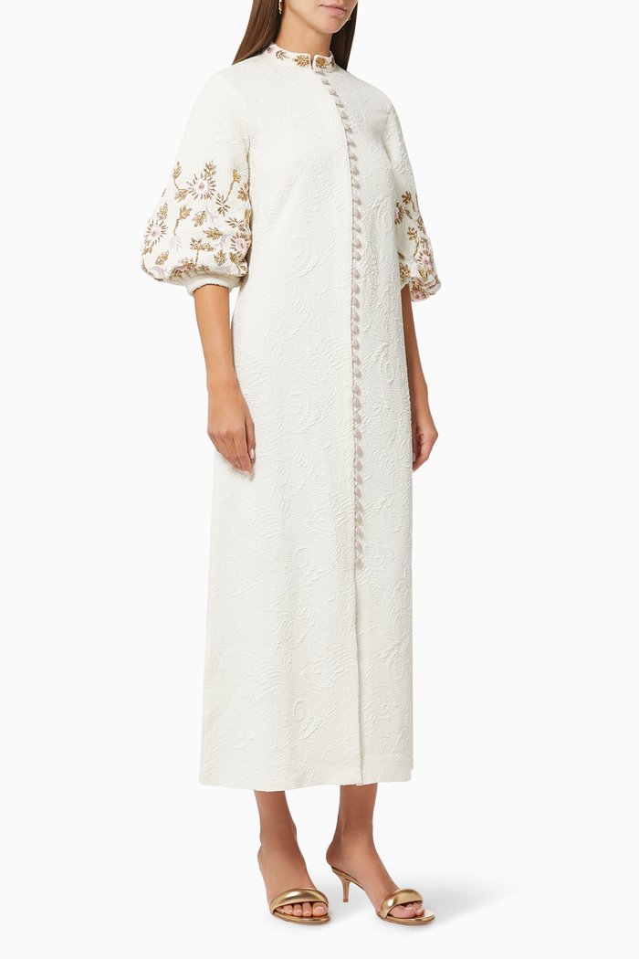 

Textured Dress with Floral Beaded Embroidery, Neutral
