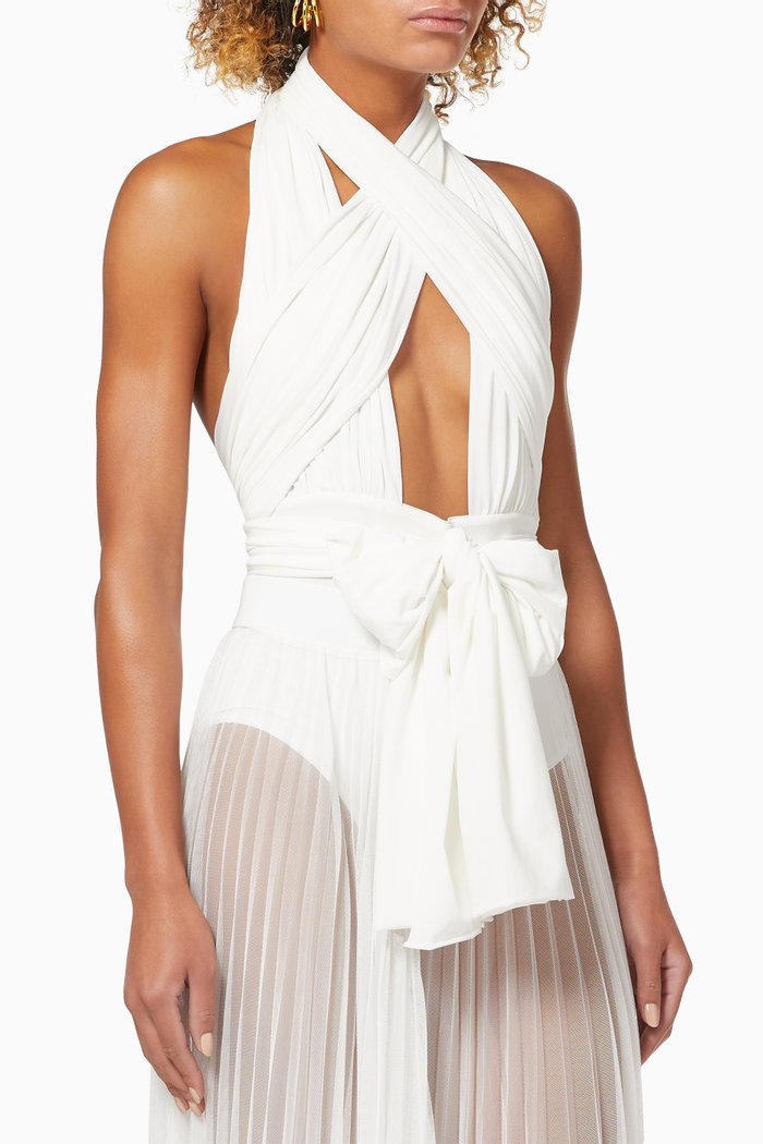 

Mustique Wrap Bodysuit in Stretch Satin Fabric, White