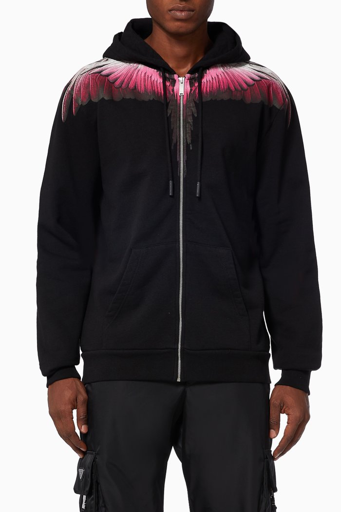 Wings Zip Hoodie in Cotton Jersey, Black