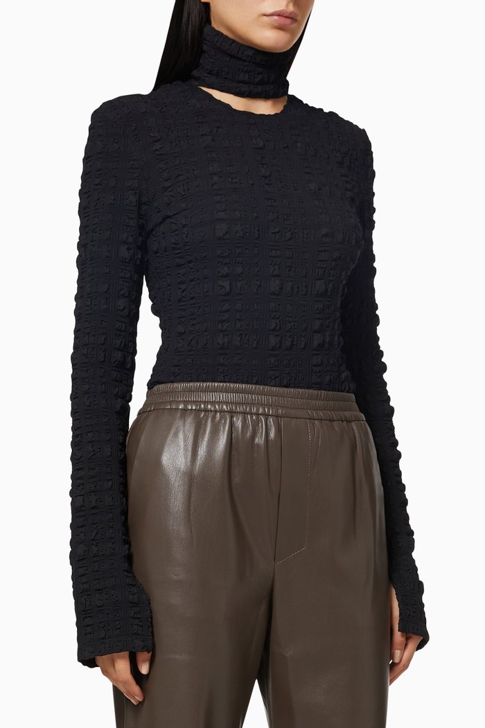Cut-out Turtleneck Top in Seersucker, Black