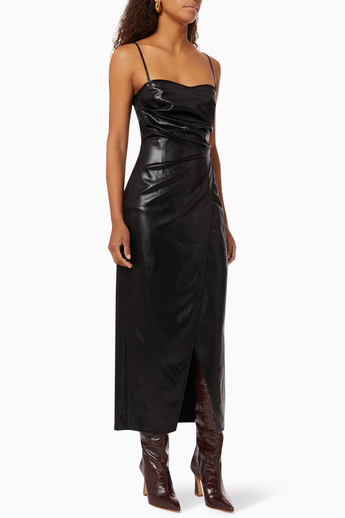 Kamari Slip Dress in Glossy Satin, Black