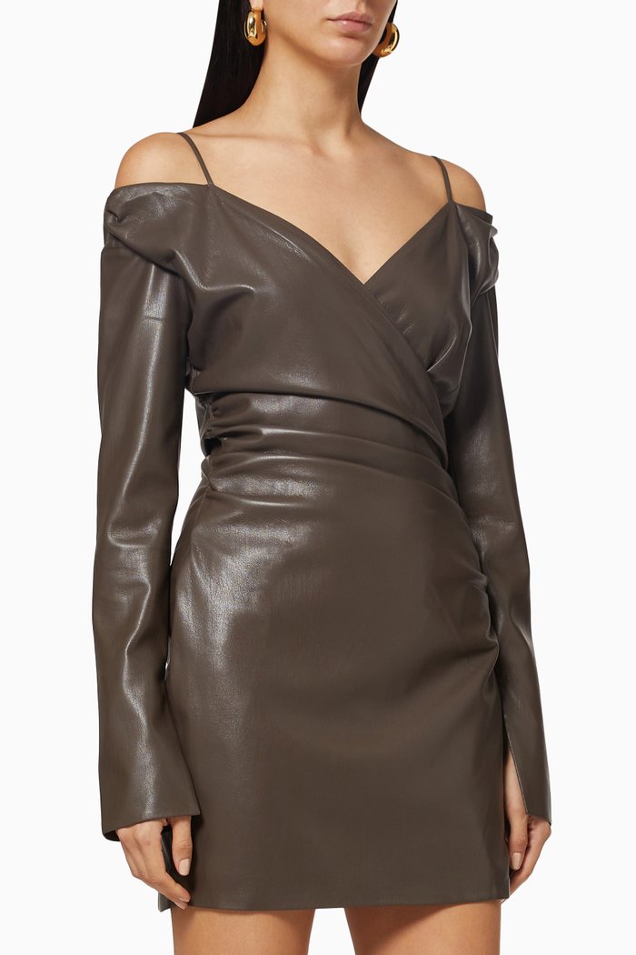 

Moha Cold-shoulder Dress in Vegan Leather, Brown