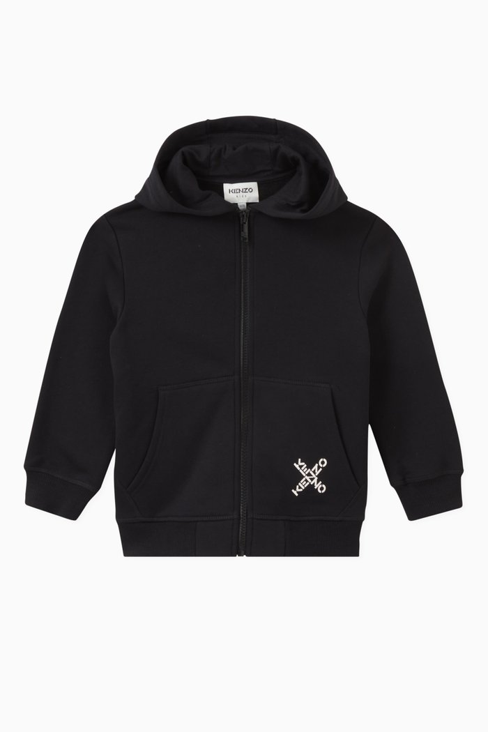 

Cross Logo Zipped Hoodie in Brushed Fleece, Black