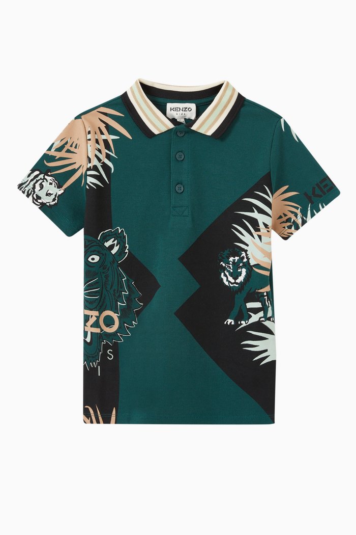 

Multi-icon Polo Shirt in Cotton Mesh, Green