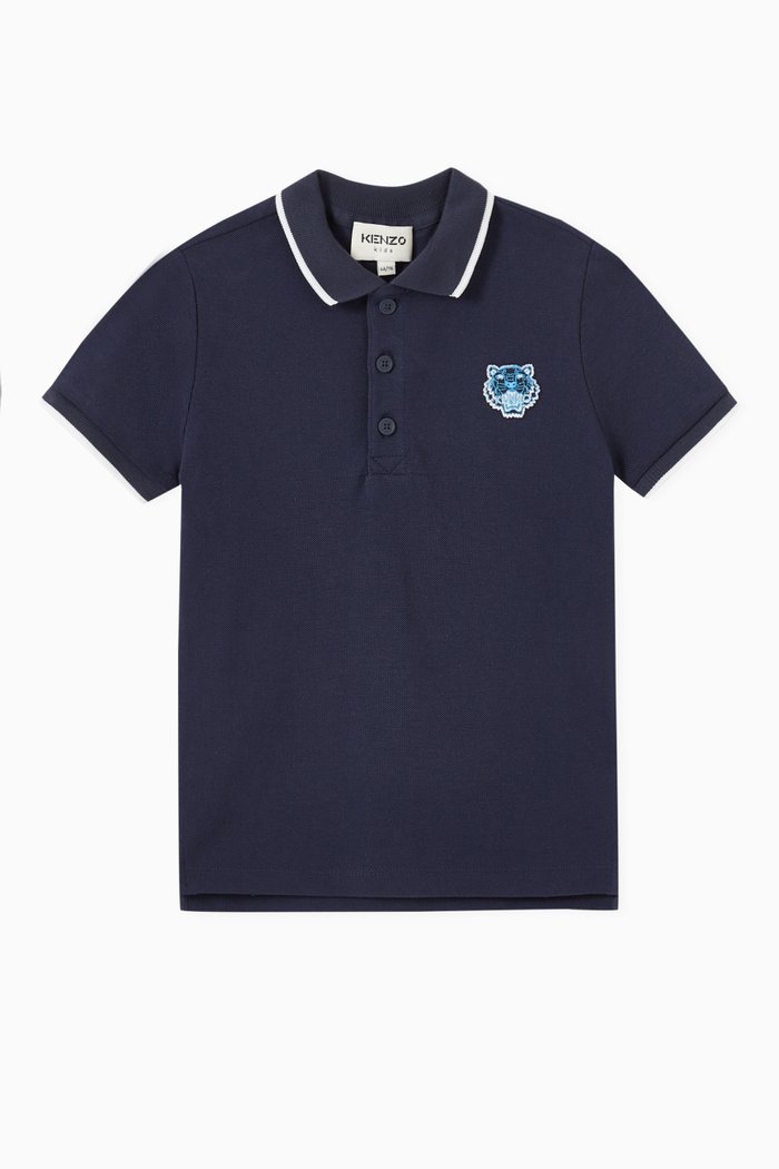

Tiger Badge Polo Shirt in Cotton Mesh, Blue