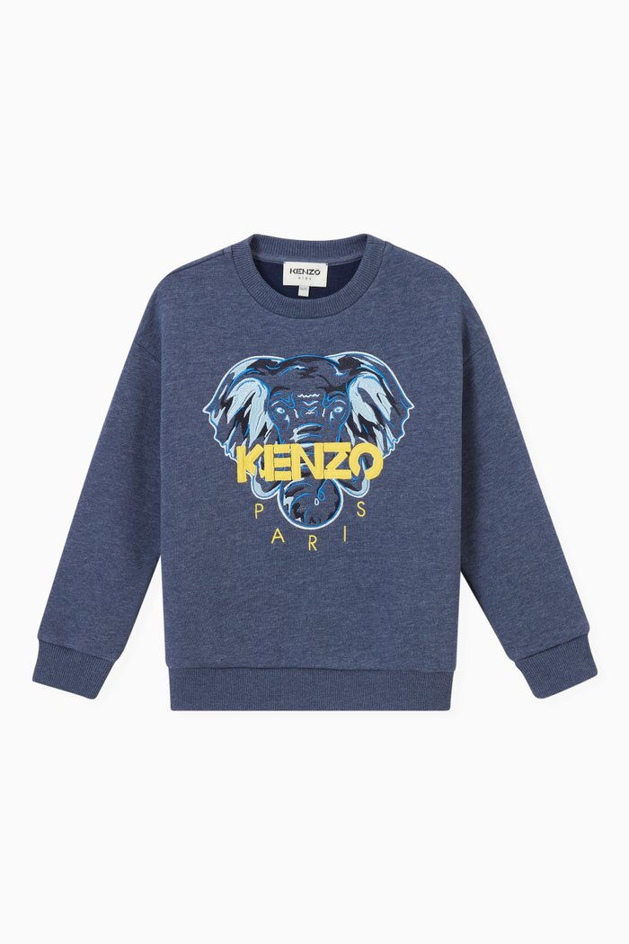 

Elephant Logo Print Loose Fit Sweatshirt in Brushed Fleece, Blue
