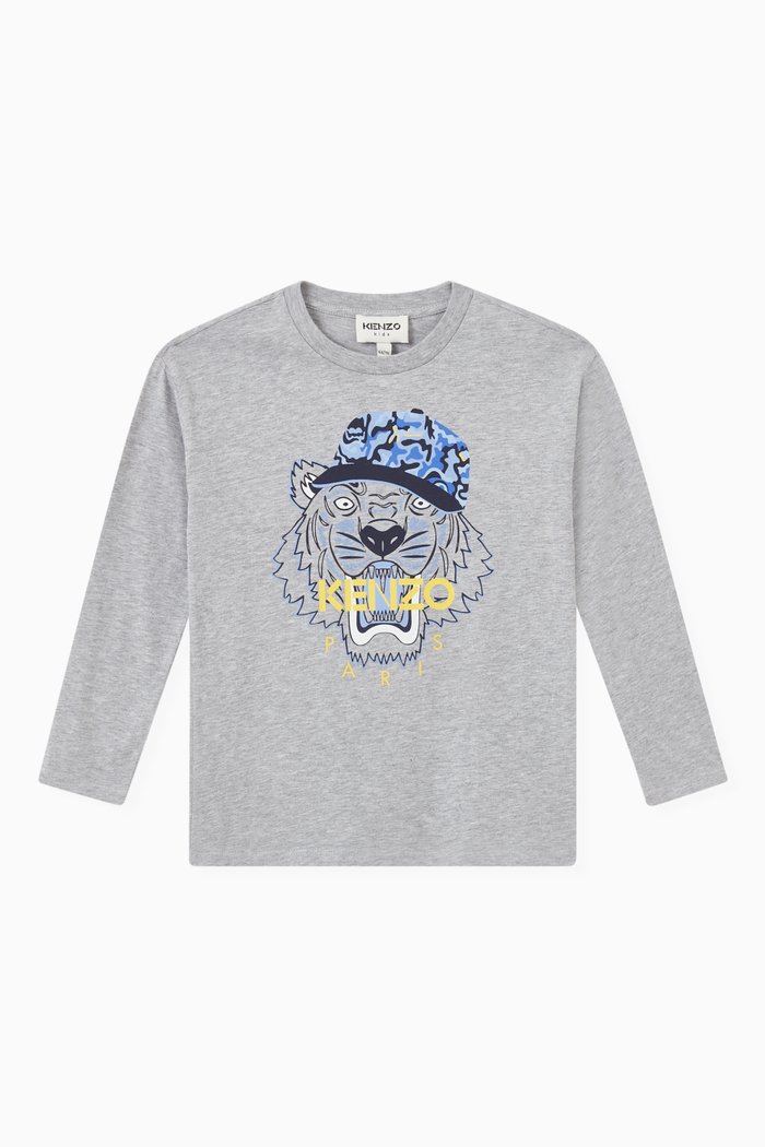 Kenzo Tiger & Logo Print T-shirt in Organic Cotton Jersey, Grey