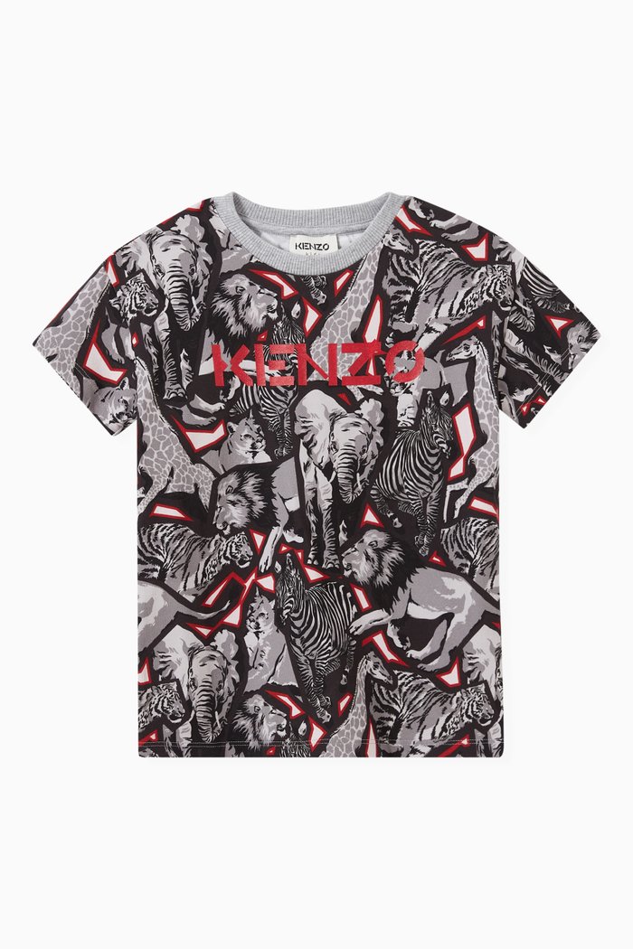 

Jungle Print Logo Loose Fit T-shirt in Jersey, Grey