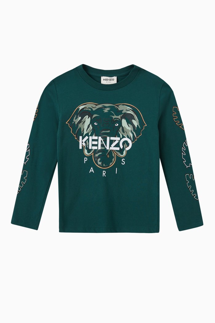 

Elephant & Logo Print Long Sleeve T-shirt in Jersey, Green