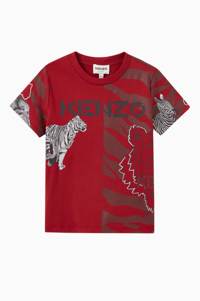 

Multi-icon & Tiger Stripe T-shirt in Cotton, Red