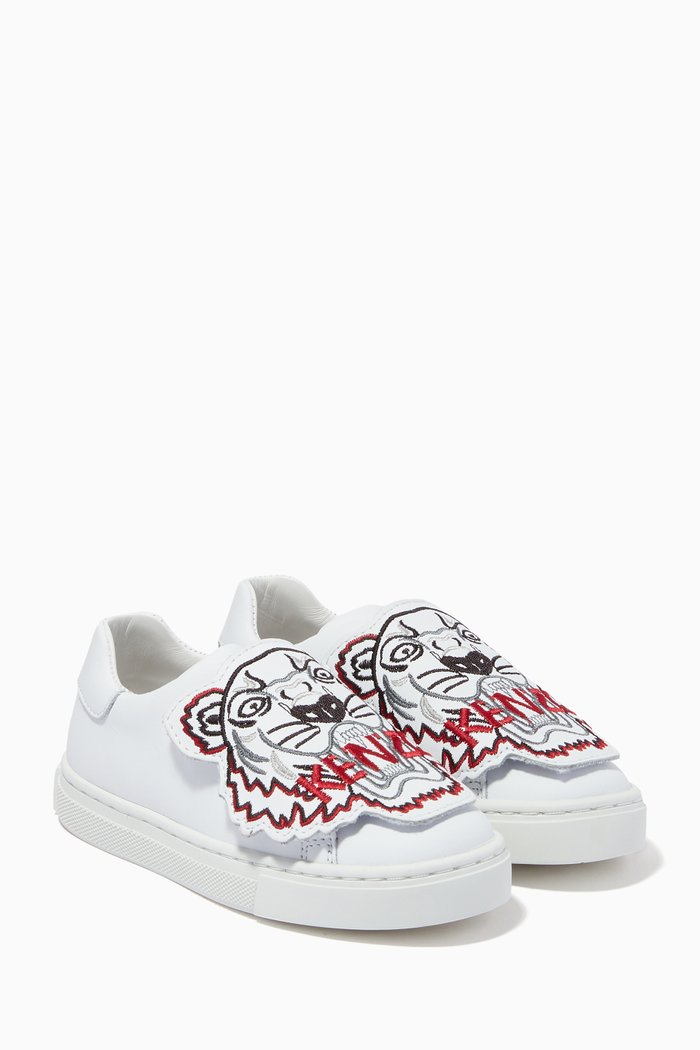

Tiger Print Slip-on Sneakers in Leather, White