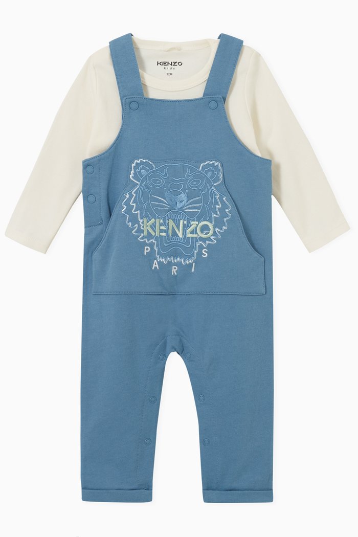 

Embroidered Logo Dungarees Set in Organic Cotton, Blue