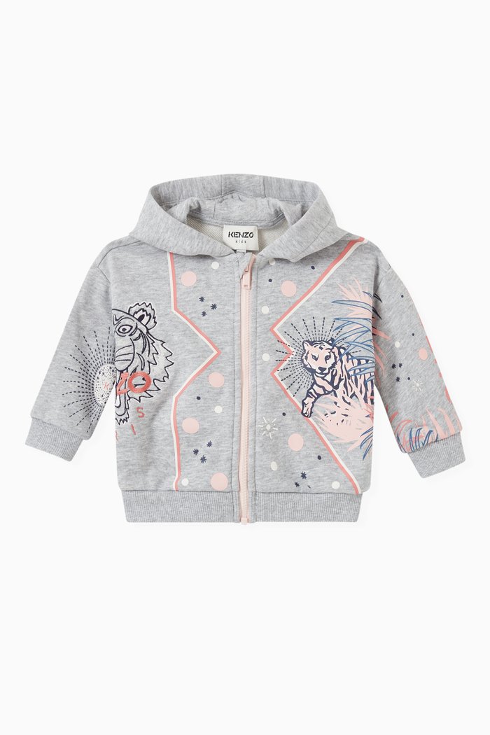 Tiger Print Loose Fit Zip-up Hoodie in Brushed Fleece, Grey
