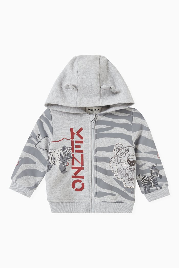 

Animal Print Loose Fit Zip-up Hoodie in Brushed Fleece, Grey