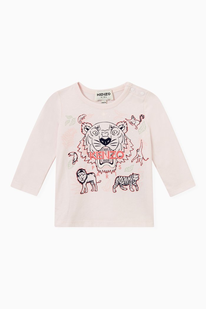Tiger & Logo Print T-shirt in Organic Cotton Jersey, Pink