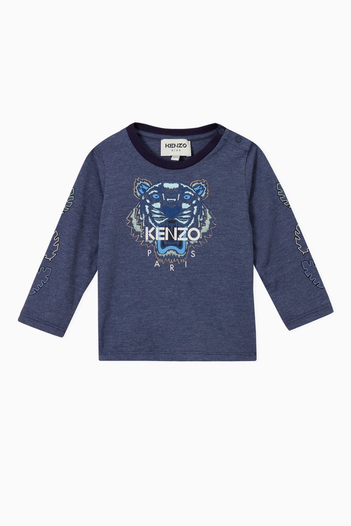 

Tiger & Logo Print Long Sleeve T-shirt in Cotton Jersey, Blue