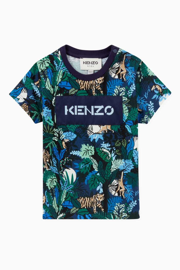 

Logo Patch Jungle Print T-shirt in Cotton Jersey, Blue