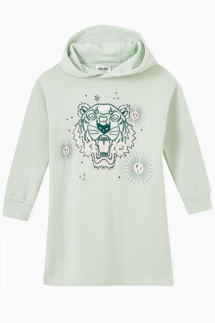 Embroidered Logo Hooded Sweatshirt Dress in Brushed Fleece, Green