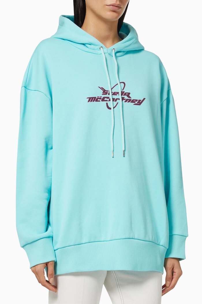 Saturn Logo Print Hoodie in Organic Cotton, Blue