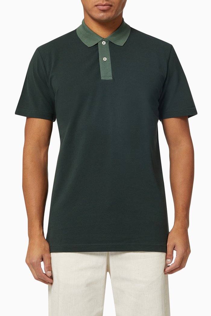 

Classic Contrast Neck Polo Shirt in Organic Cotton, Green