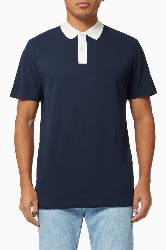 

Classic Contrast Neck Polo Shirt in Organic Cotton, Blue