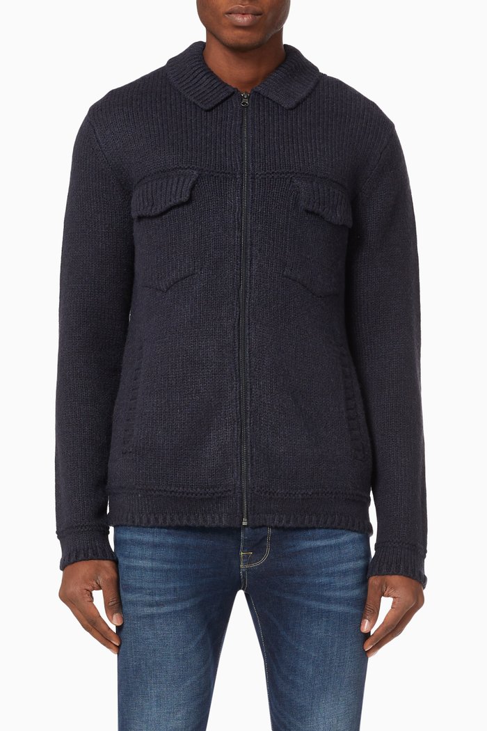 

Zip-up Knitted Cardigan in Cotton, Blue