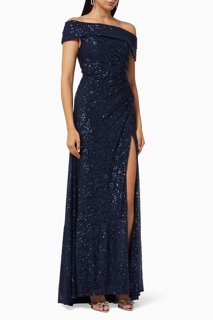 

Ruched Sequin Gown, Blue