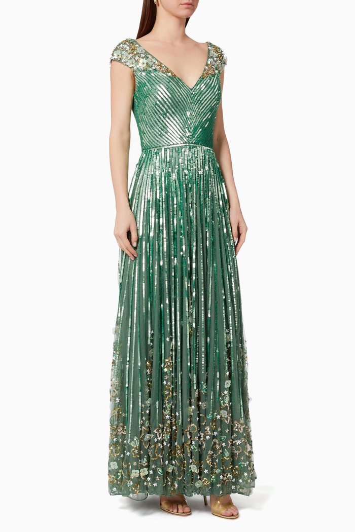 Gathered Gown in Sequin Tulle, Green