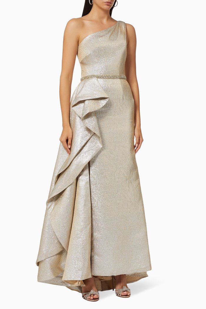 

Metallic Ruffle Gown, Silver