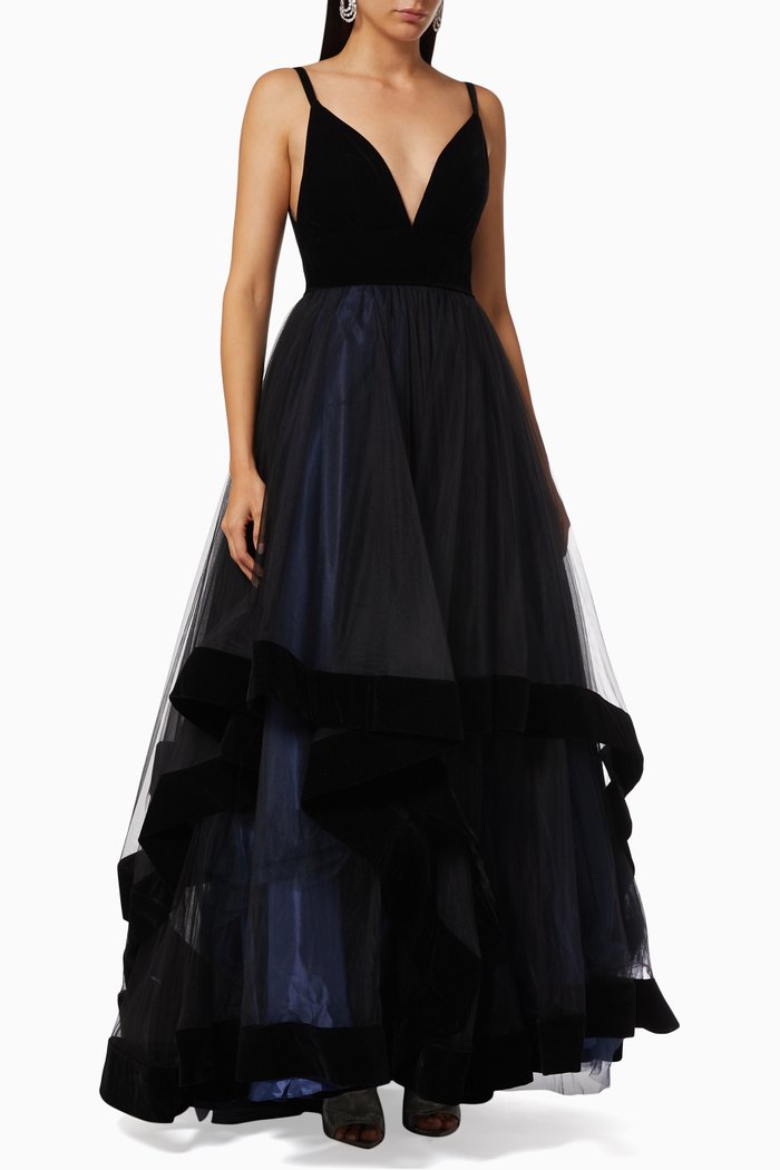 

Ruffle Tiered Gown in Velvet Tulle, Black