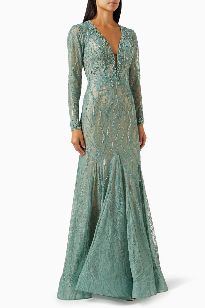 

Beaded Illusion Gown in Lace, Green