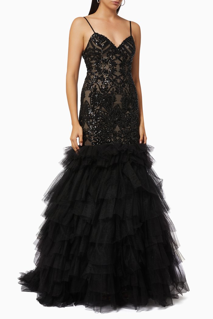 Ruffle Tiered Gown with Sequin Embroidery, Black