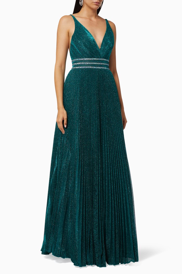 

Shimmer Plisse Gown, Green
