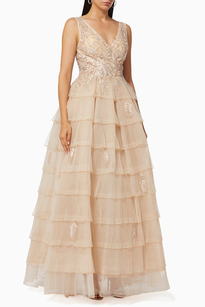 

Tiered Ruffle Gown with Floral Embroidery, Gold