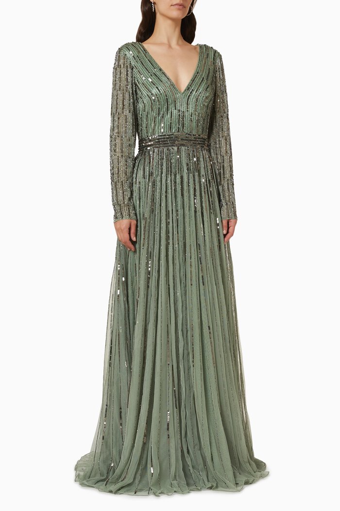 

Gathered Gown in Sequin Tulle, Green