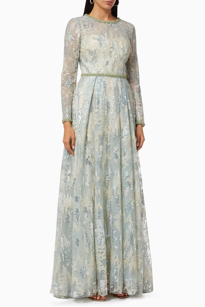 

Long Sleeve Gown in Embellished Lace, Silver