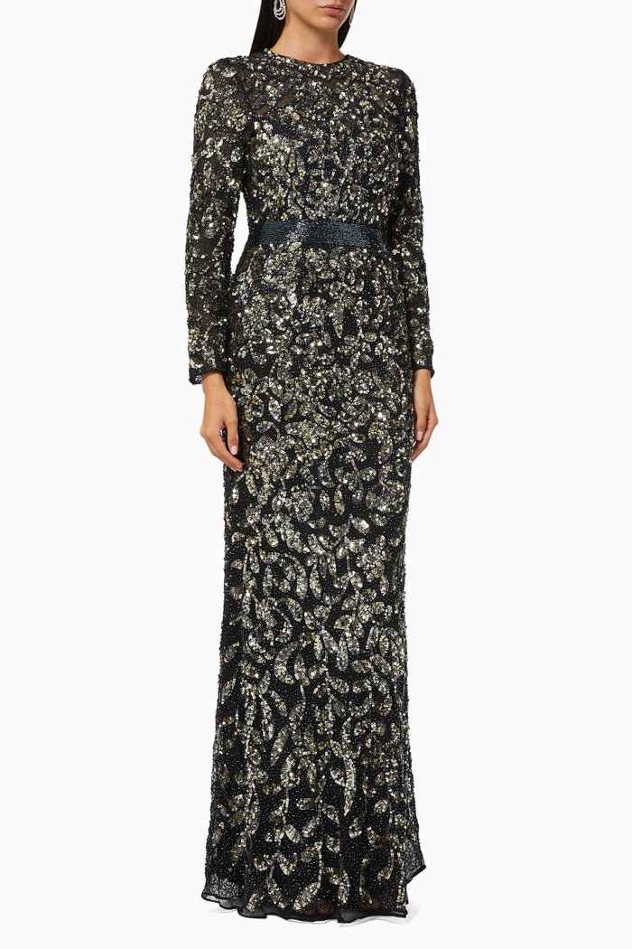 

Long Sleeve Gown in Sequin Tulle, Black