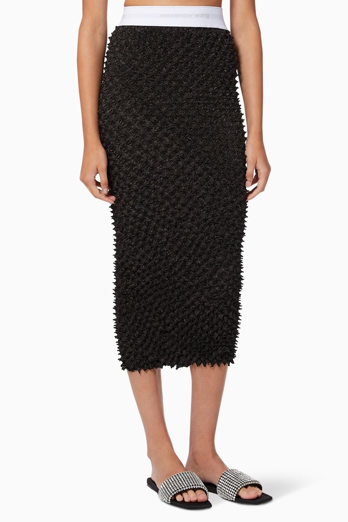 

Logo Band Fitted Midi Skirt in Shibori Satin, Black