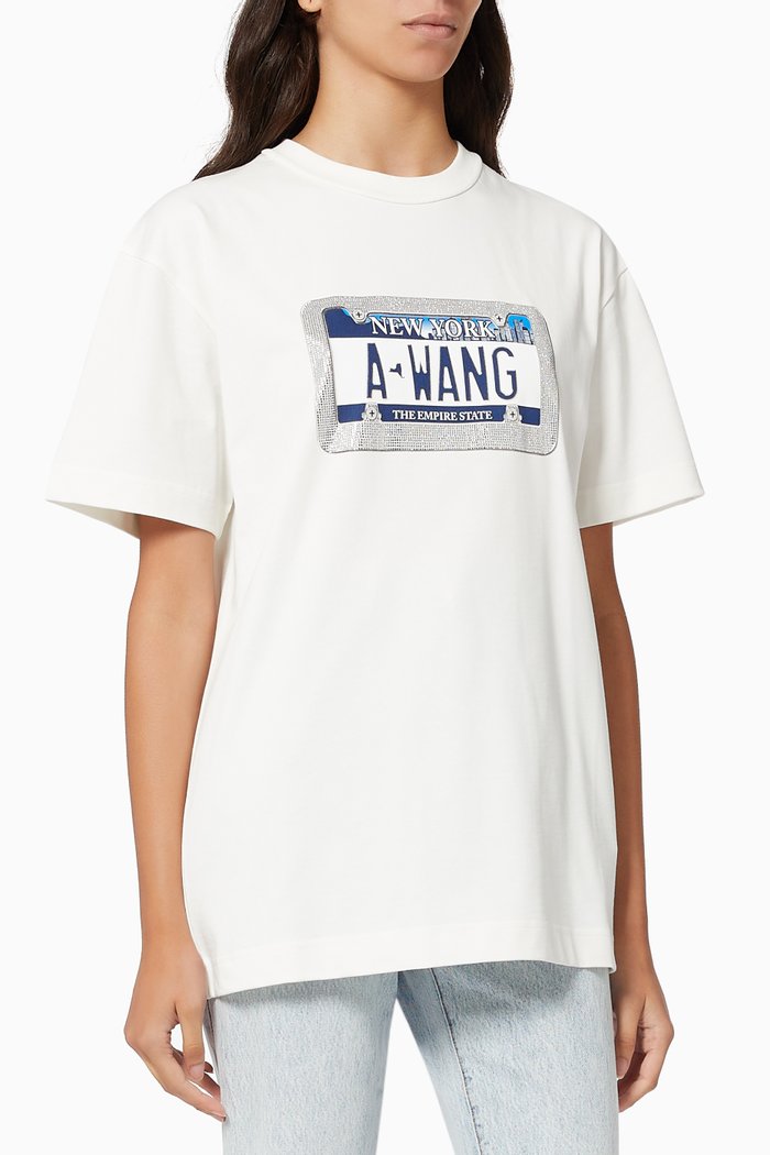

License Plate Crystal Embellished T-shirt in Compact Jersey, White