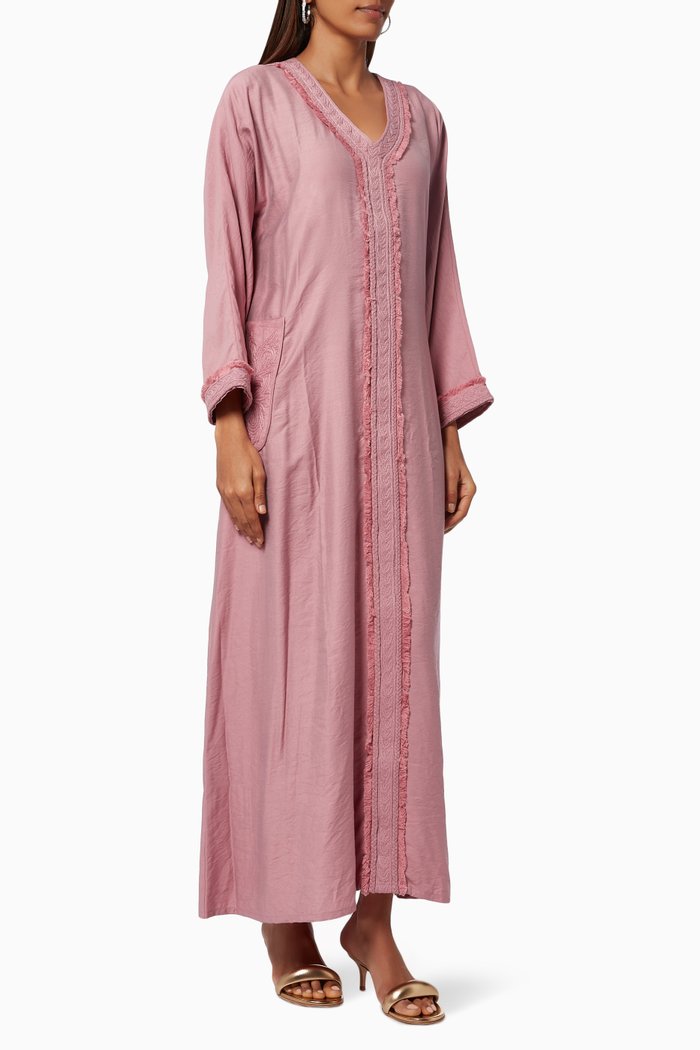

Embroidered Fringe Kaftan in Silk, Pink