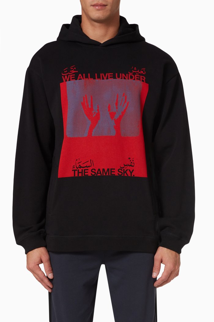 

Hazeem Printed Panel Hoodie in Cotton Fleece, Black