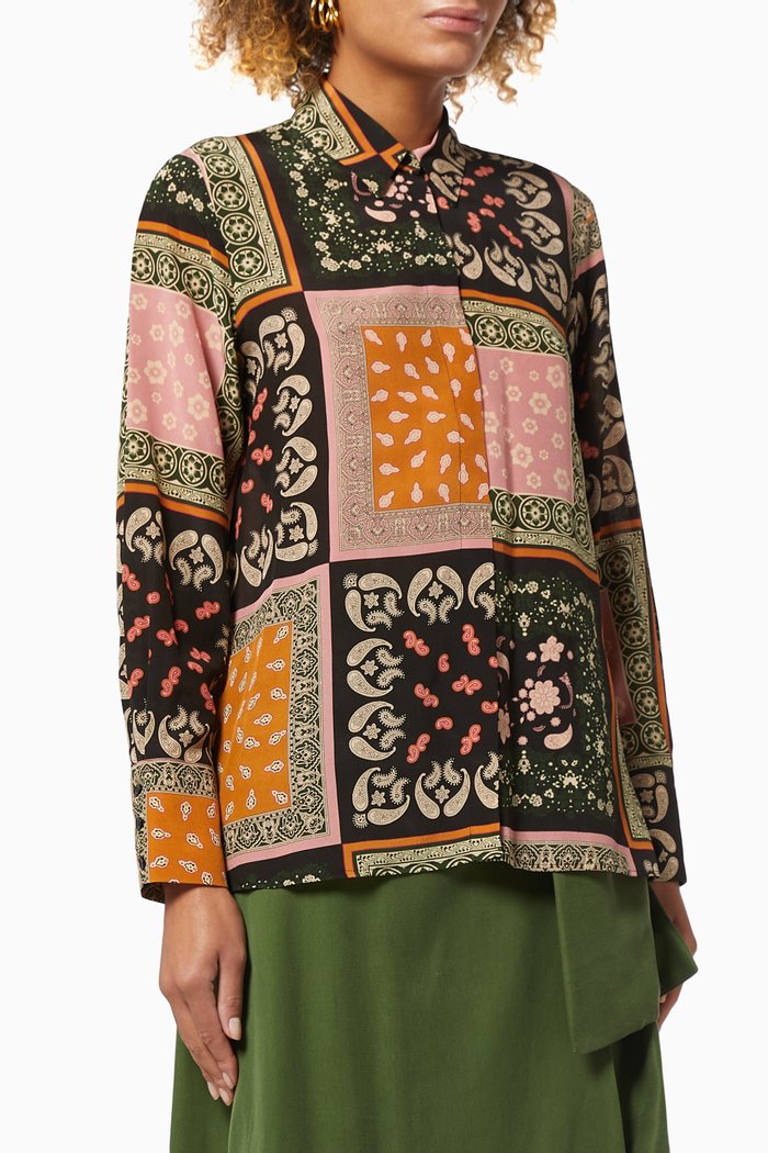 Ballo Patterned Shirt in Crepe De Chine Silk, Brown