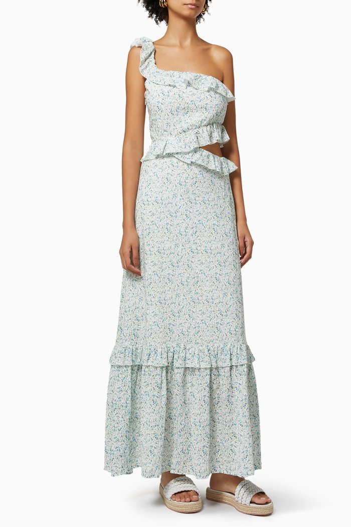 

One Shoulder Tiered Dress in Organic Cotton, Multicolour