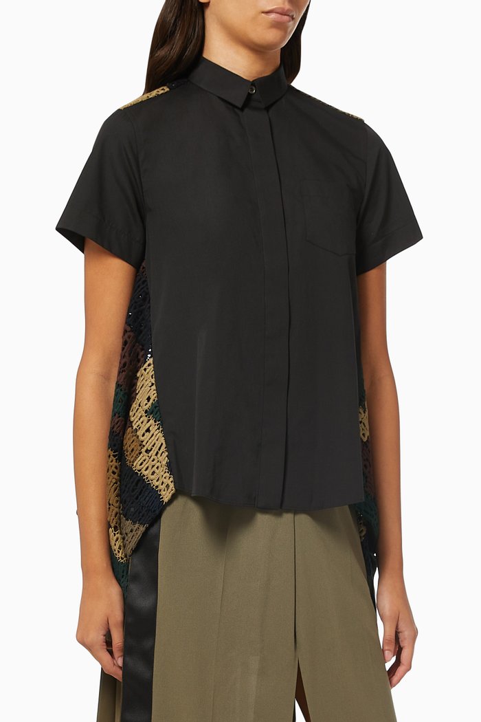 

Message Embroidery Shirt in Lace & Cotton, Black