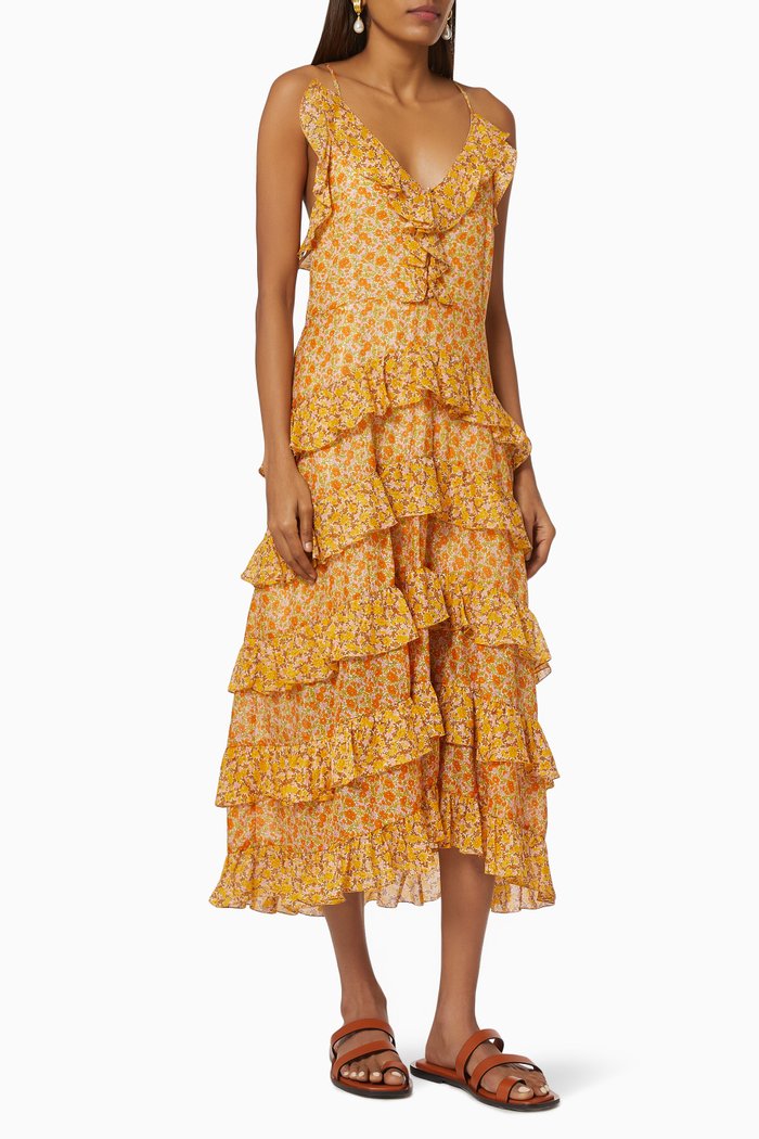 

Printed Dress with Ruffles in Cotton Voile, Orange