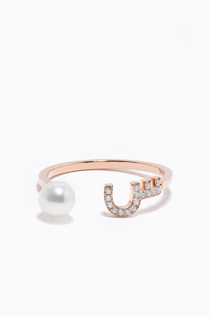 

"S" Letter Pearl Drop Ring with Diamonds in 18kt Rose Gold