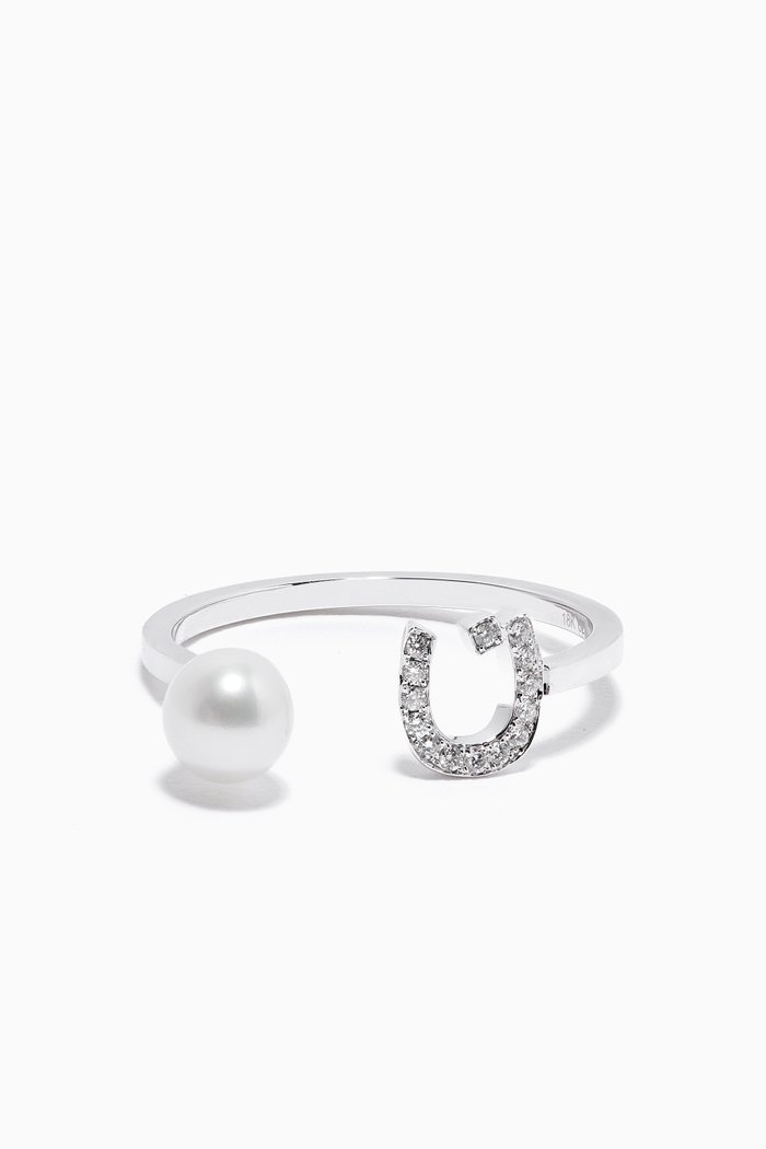 

"N" Letter Pearl Drop Ring with Diamonds in 18kt White Gold