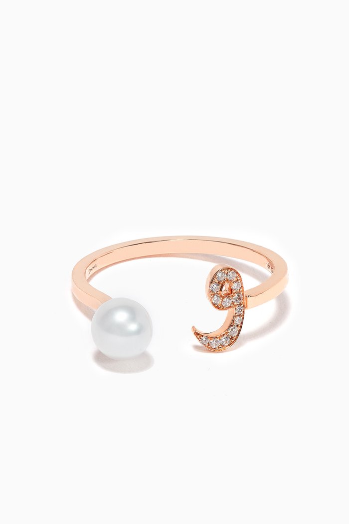 

"W" Letter Pearl Drop Ring with Diamonds in 18kt Rose Gold