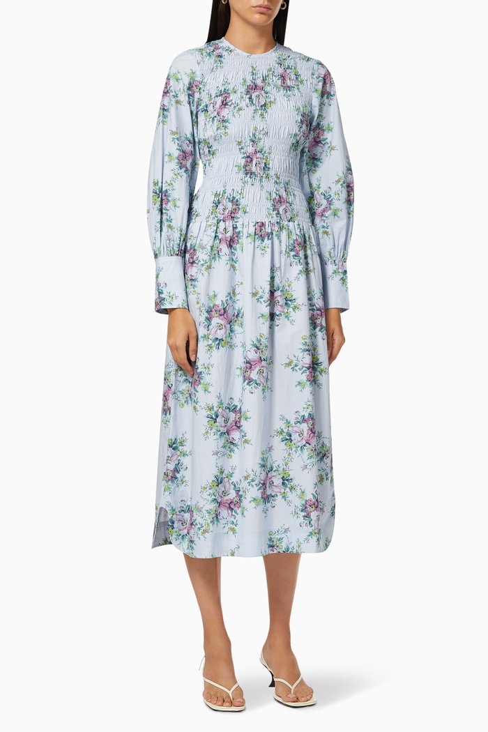Floral Maxi Dress in Organic Cotton Poplin, Grey