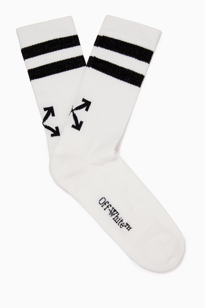 Striped Arrows Mid Length Socks in Cotton, White